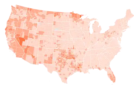 Results by county, shaded according to percentage of the vote for Debs