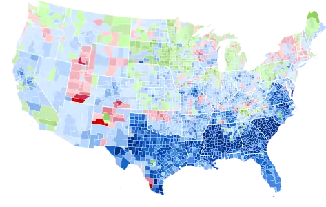 Results by county, shaded according to winning candidate's percentage of the vote