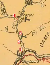 Detail of a map showing Barbours at bottom, Proctor near the top, the creek and road between them with each place the road crosses the creek labeled with a number from 1 to 4.