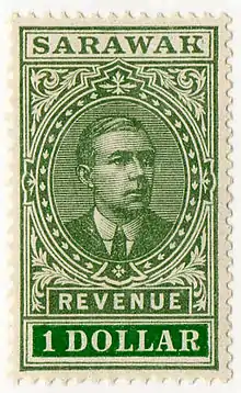 A $1 revenue stamp issued in 1918, featuring Charles Vyner Brooke, the 3rd and last White Rajah of Sarawak