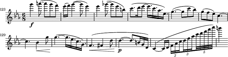 
\relative c''' \new Staff {
  \key es \major \clef "treble"
  \set Staff.midiInstrument = "violin"
  \set Score.tempoHideNote = ##t \tempo 4 = 96
  \set Score.currentBarNumber = #123 \bar ""
  \time 6/8
  g'4\f a8( ~ a g f) | es16( f) g4( ~ g8 es4) | es ges8( ~ ges es b) |
  c8.( d16 es8 ~ es16. c  as es) | g4.( ~ g8 c bes) | g( f es) c4. ~ | c bes4\< g'8 |
  \set tupletSpannerDuration = #(ly:make-moment 1 8)
  \set subdivideBeams = ##t
  \override TupletBracket #'stencil = ##f
  g4.\!( ~ g16. es c g) | f4.\<( fis4 d'8 | d4.\p( ~ d8. b16 g d) | c4\<( ~ c16 d \times 2/3 { f as c d f as } \times 4/5 { c32 d f as c) } | b4
}
