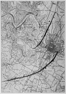 Map of the tornadoes's paths atop a topographic map