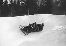 Photograph of the Italian team competing on a bobsleigh