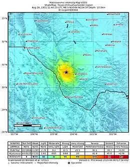 Shake map showing the epicenter of the earthquake in Virginia