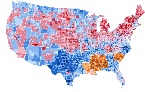 Results by county, shaded according to winning candidate's percentage of the vote