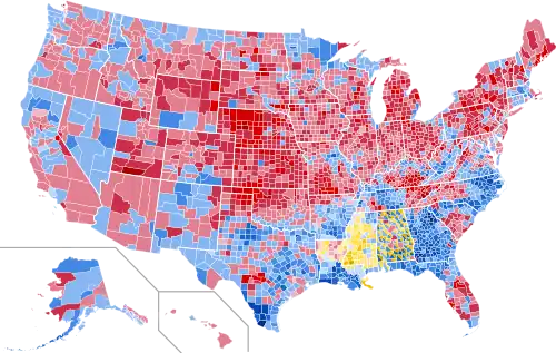 Results by county, shaded according to winning candidate's percentage of the vote