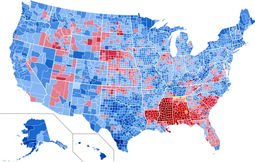 Results by county, shaded according to winning candidate's percentage of the vote