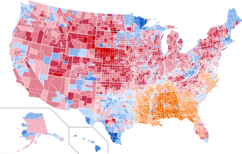 Results by county, shaded according to winning candidate's percentage of the vote