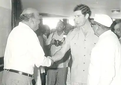 H. M. Dalaya welcoming Prince Charles, Prince of Wales and Morarji Desai to the Amul Dairy (1980)