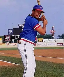 A man wearing a blue baseball jersey with red and white trim, a blue cap with a white "N" on the center, and white pants stands on a baseball field posed with bat, ready to swing.