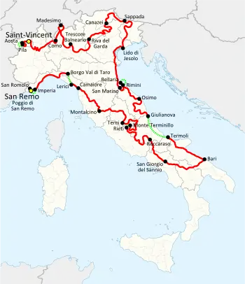 Map of the 1987 Giro d'Italia route, from San Remo to Saint-Vincent(stage courses in red; connections between host towns in green)