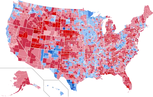 Results by county, shaded according to winning candidate's percentage of the vote