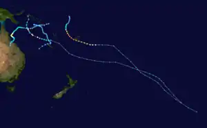 A map of the tracks of all the storms of the 1990–91 South Pacific cyclone season.