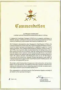 Copy of the Commendation from the Chief of the General Staff presented to the Australian contingent