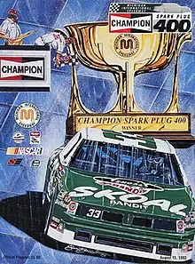 The 1993 Champion Spark Plug 400 program cover, featuring Harry Gant. Artwork by NASCAR artist Sam Bass.