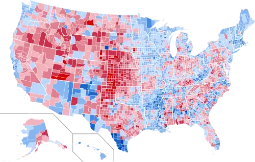 Results by county, shaded according to winning candidate's percentage of the vote.