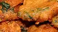 Close-up of pakora containing spinach