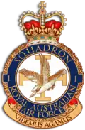 Crest of 1 Squadron, Royal Australian Air Force, featuring a diving kookaburra before the Jerusalem cross, and the motto "Videmus Agamus"