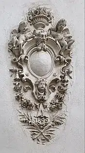 Complex Beaux Arts cartouche of Intrarea Costache Negri no. 1, Bucharest, unknown architect, 1899