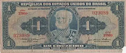 Cr$1 note, featuring the Marquis of Tamandaré