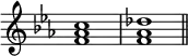 
{
\override Score.TimeSignature
#'stencil = ##f
    \relative c' {
        \time 4/4 \key c \minor
        <f aes c>1 <f aes des> \bar "||"
    }
}
