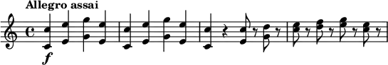 
\relative c'' {
  \tempo "Allegro assai"
  <c c,>4\f <e e,> <g g,> <e e,> |
  <c c,>4 <e e,> <g g,> <e e,> |
  <c c,>4 r <c e,>8 r <d g,> r |
  <e c>8 r <f d> r <g e> r <e c> r |
}
