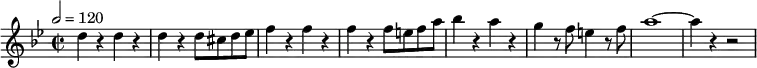 
\relative c'' { 
  \set Staff.midiInstrument = #"flute"
  \tempo 2 = 120
  \key bes \major
  \time 2/2
  d4 r4 d4 r4 | d4 r4 d8 cis d es | f4 r4 f4 r4 | f4 r4 f8 e f a | bes4 r4 a4 r4 | g r8 f8 e4 r8 f8 | a1 ~ a4 r4 r2
}
