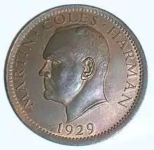 A one Puffin coin of 1929, bearing the portrait of Martin Coles Harman