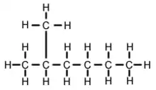 Skeletal formula of 2-methylhexane with all implicit carbons shown, and all explicit hydrogens added