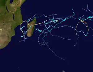 A map of the tracks of all the storms of the 2007-2008 South-West Indian Ocean cyclone season.