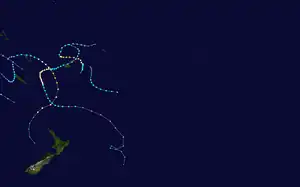 A map of the South Pacific Ocean depicting the tracks of the tropical cyclones in the 2007–08 South Pacific cyclone season.