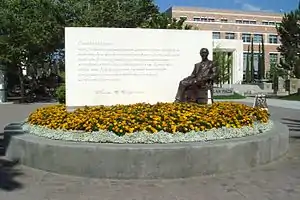 Sculpture of C. C. Chapman by Raymond Persinger.  Art is found at the entrance of Chapman University.