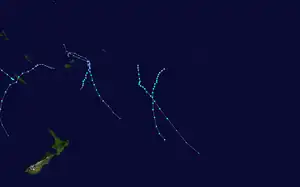 A map of the South Pacific Ocean depicting the tracks of the tropical cyclones in the 2008–09 South Pacific cyclone season.