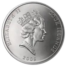 Coin with Queen Elizabeth's profile and the words 'Cook Islands'