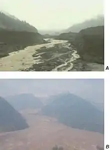 Two images showing the landscape of a large landslide.