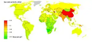  World map showing birth sex ratios