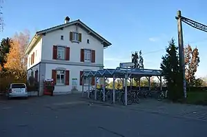 Two-story building with bicycle parking in front