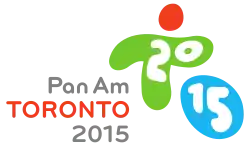 A stylized person with agreen torso and red head with the number 20 on the body, a stylized blue ball with a 15 on it beside the person, PanAm Toronto 2015 written to the left of scene