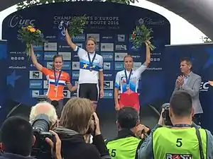 The podium of the event(from left to right): Anna van der Breggen, Ellen van Dijk and Olga Zabelinskaya