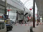 The damaged Sunlive Kengun in the pedestrian arcade in downtown Kumamoto.