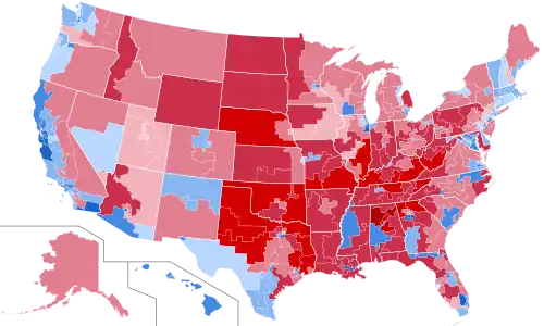 Results of election by congressional district, shaded by winning candidate's percentage of the vote