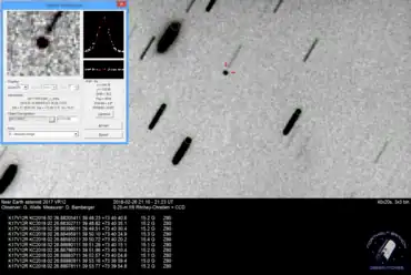 2017 VR12 on 26 February 2018. The asteroid is visible at 15th magnitude, at a distance of 4.8 million km (3.0 million miles) from Earth. The telescope is tracking the asteroid, causing stars to trail as the asteroid slowly moves across the sky.