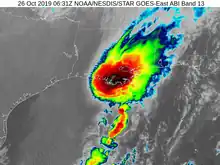 Satellite image of a bulbous area of strong convection approaching Louisiana