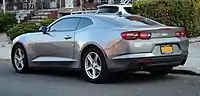 Rear view of a gray Camaro base coupe