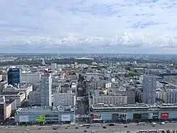 Aerial view of Centrum, including West Wall, and the Złota Street, in 2019.