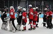 Teams Black and Red shaking hands after their prelimary game