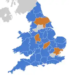 A map showing the location of Police and Crime Commissioner elections in England and Wales