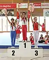 Victory ceremony in program 3 with gymnasts from the Turnzentrum Frauenfeld, Graubünden (Grisons) and the Thurgauer Turnfabrik