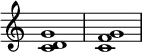 
{
\override Score.TimeSignature #'stencil = ##f
\relative c' {
   \clef treble
   \time 4/4
   \key c \major
   <c d g>1
   <c f g>1
} }
