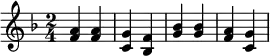 {\set Staff.midiInstrument = #"electric piano 1" \key f \major \time 2/4 <a' f'>4 <a' f'> <g' c'> <f' bes> <bes' g'> <bes' g'> <a' f'> <g' c'>}